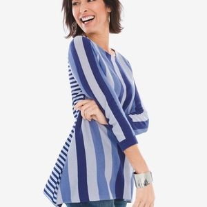 Chicos XL Size 3 3/4 sleeve blue multi stripe pullover sweater New with tags